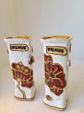 2 Red Poppy Lithuanian Pottery Signed Bud Vases 1970s